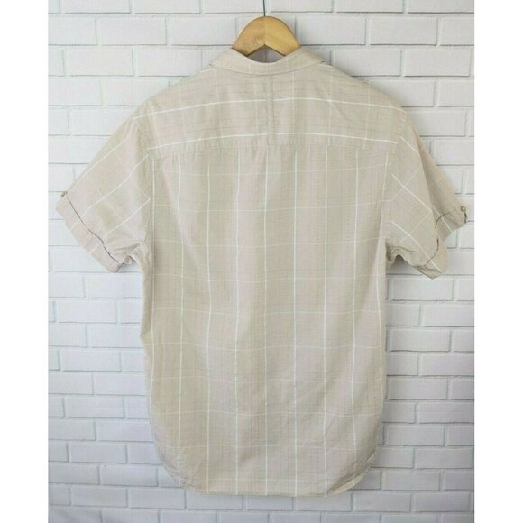 Perry Ellis Tan Plaid Button Down Short Sleeve Shirt Tan brown Men's Medium - Picture 5 of 12